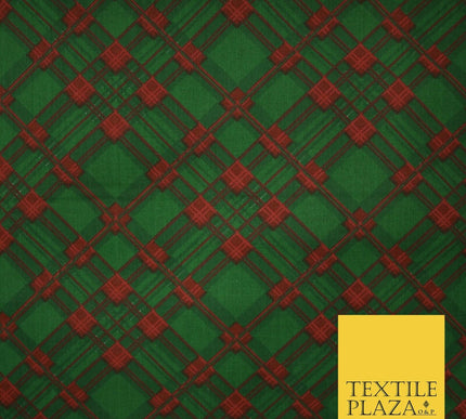 Festive Christmas Tartan Check Printed Poly Cotton Fabric Polycotton Mask 45"
