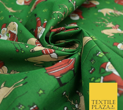 Christmas Tree Santa Gifts Reindeer Printed Poly Cotton Fabric Polycotton 45"