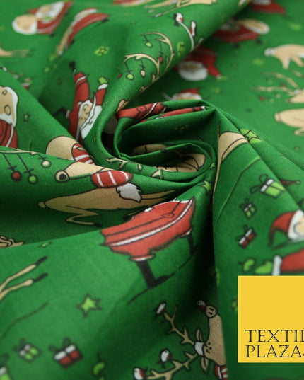 Christmas Tree Santa Gifts Reindeer Printed Poly Cotton Fabric Polycotton 45"