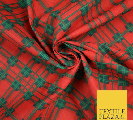 Festive Christmas Tartan Check Printed Poly Cotton Fabric Polycotton Mask 45"