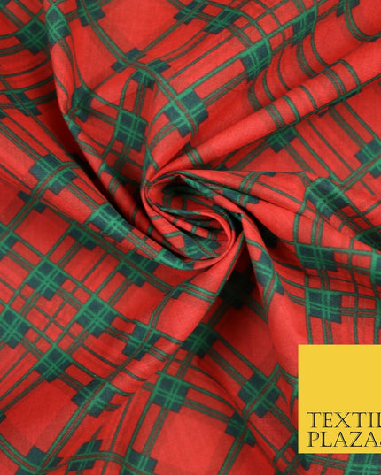 Festive Christmas Tartan Check Printed Poly Cotton Fabric Polycotton Mask 45"
