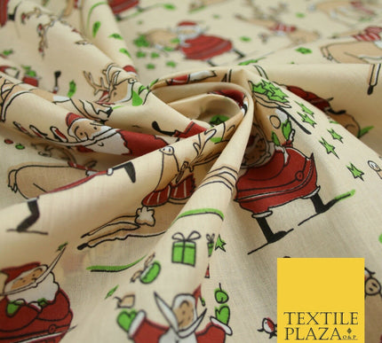 Christmas Tree Santa Gifts Reindeer Printed Poly Cotton Fabric Polycotton 45"