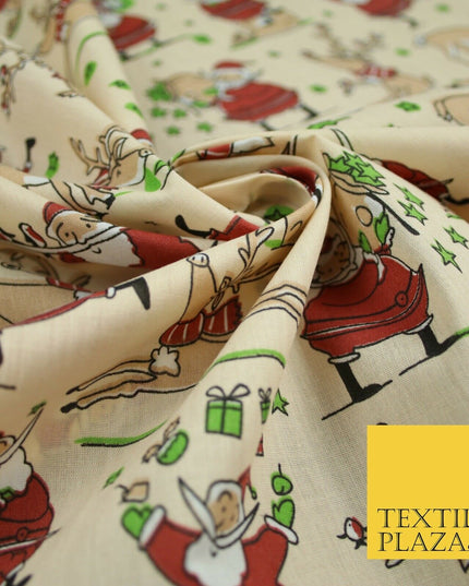Christmas Tree Santa Gifts Reindeer Printed Poly Cotton Fabric Polycotton 45"