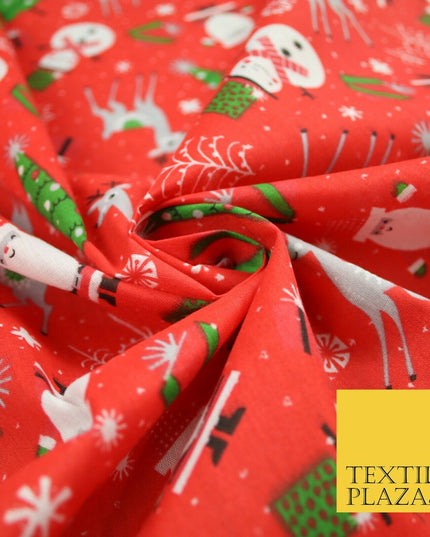 Festive Snowman Reindeer Christmas Printed Poly Cotton Fabric Polycotton 45"
