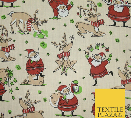 Christmas Tree Santa Gifts Reindeer Printed Poly Cotton Fabric Polycotton 45"