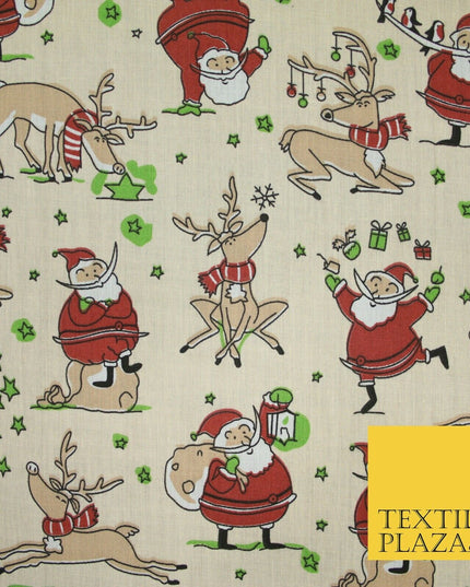 Christmas Tree Santa Gifts Reindeer Printed Poly Cotton Fabric Polycotton 45"