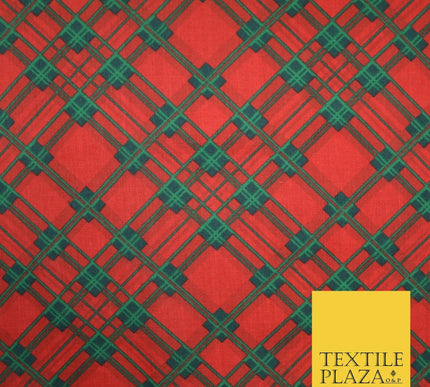 Festive Christmas Tartan Check Printed Poly Cotton Fabric Polycotton Mask 45"