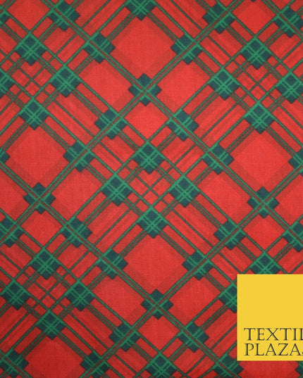 Festive Christmas Tartan Check Printed Poly Cotton Fabric Polycotton Mask 45"