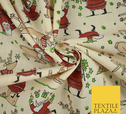 Christmas Tree Santa Gifts Reindeer Printed Poly Cotton Fabric Polycotton 45"
