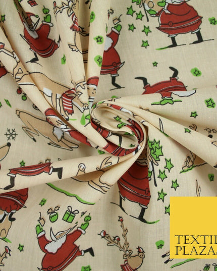 Christmas Tree Santa Gifts Reindeer Printed Poly Cotton Fabric Polycotton 45"