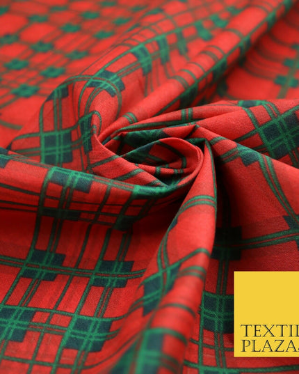 Festive Christmas Tartan Check Printed Poly Cotton Fabric Polycotton Mask 45"