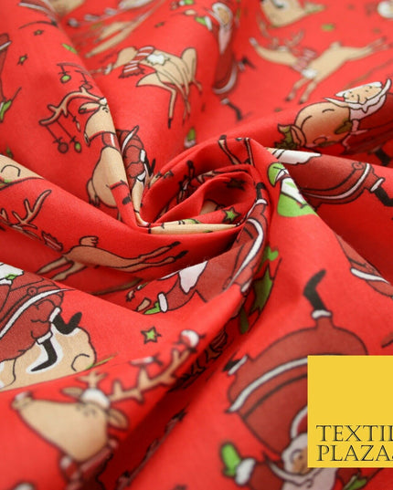 Christmas Tree Santa Gifts Reindeer Printed Poly Cotton Fabric Polycotton 45"