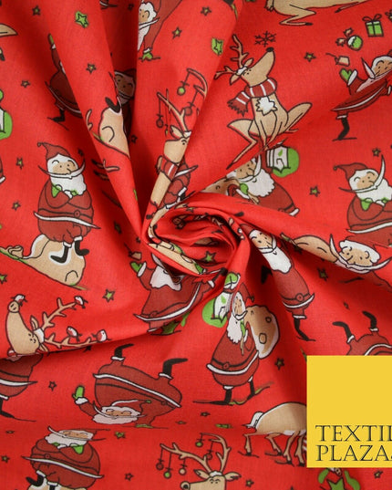 Christmas Tree Santa Gifts Reindeer Printed Poly Cotton Fabric Polycotton 45"