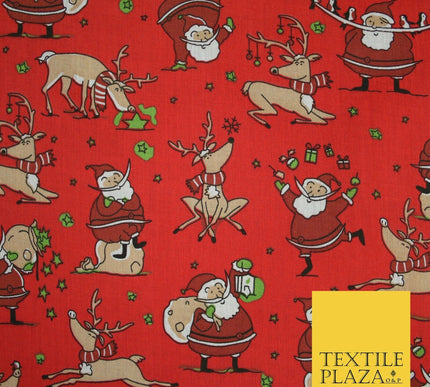Christmas Tree Santa Gifts Reindeer Printed Poly Cotton Fabric Polycotton 45"