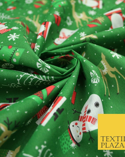 Festive Snowman Reindeer Christmas Printed Poly Cotton Fabric Polycotton 45"