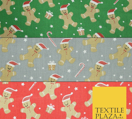 3 COLOURS Festive Gingerbread Men Santa Hat Christmas Printed Polycotton Fabric