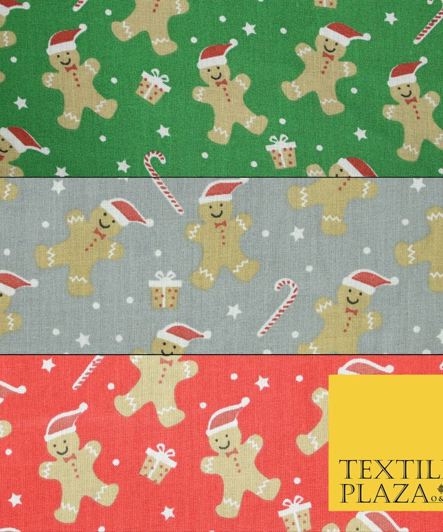 3 COLOURS Festive Gingerbread Men Santa Hat Christmas Printed Polycotton Fabric