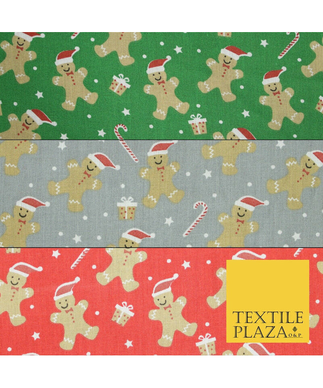 3 COLOURS Festive Gingerbread Men Santa Hat Christmas Printed Polycotton Fabric