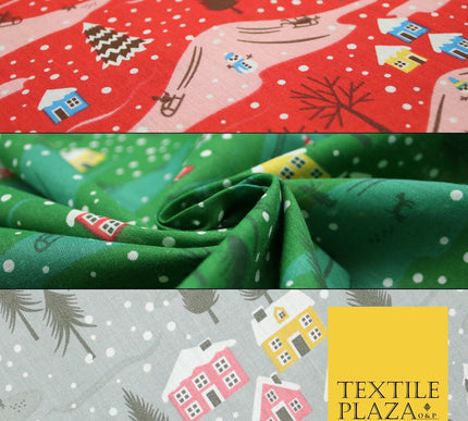 Festive Snowy Neighbourhood Scene Christmas Printed Polycotton Fabric 45" Wide