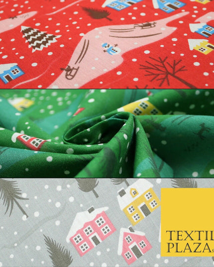 Festive Snowy Neighbourhood Scene Christmas Printed Polycotton Fabric 45" Wide