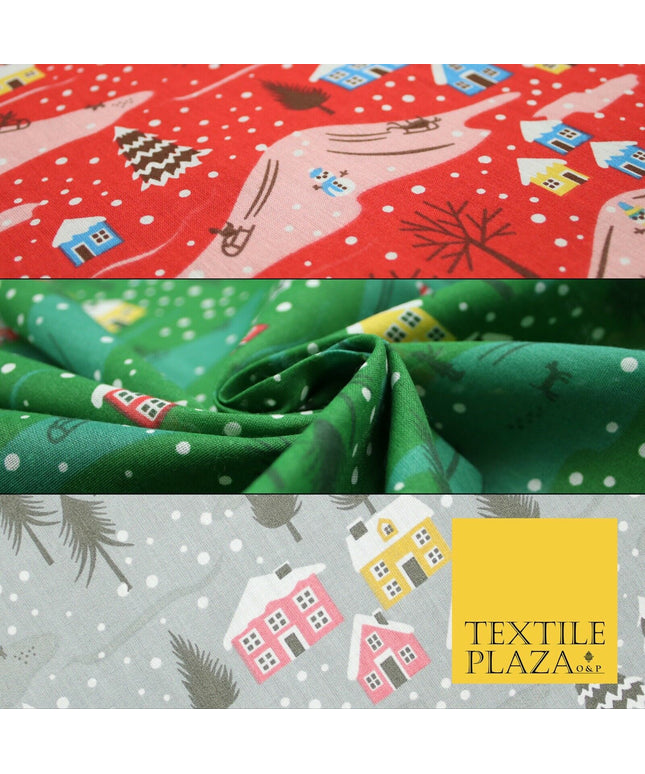 Festive Snowy Neighbourhood Scene Christmas Printed Polycotton Fabric 45" Wide