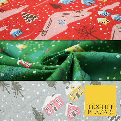 Festive Snowy Neighbourhood Scene Christmas Printed Polycotton Fabric 45" Wide