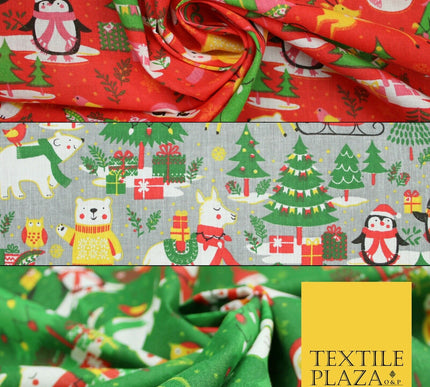 3 COLOURS Festive Santa Penguin Llama Snowman Christmas Print Polycotton Fabric