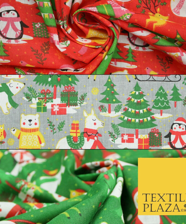 3 COLOURS Festive Santa Penguin Llama Snowman Christmas Print Polycotton Fabric