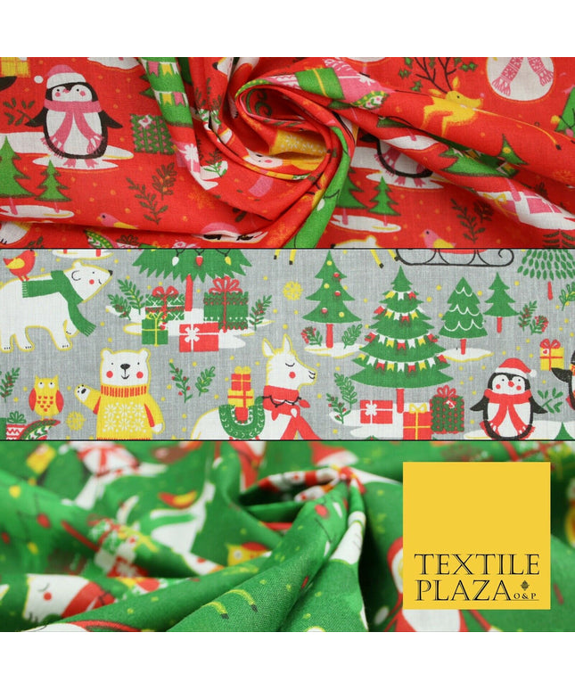 3 COLOURS Festive Santa Penguin Llama Snowman Christmas Print Polycotton Fabric