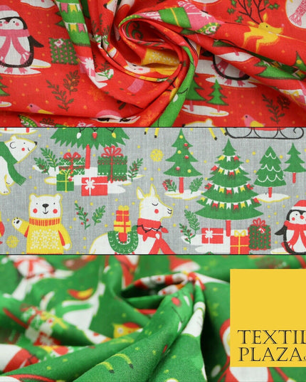 3 COLOURS Festive Santa Penguin Llama Snowman Christmas Print Polycotton Fabric