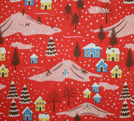 Festive Snowy Neighbourhood Scene Christmas Printed Polycotton Fabric 45" Wide