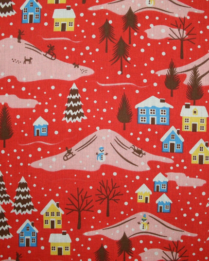 Festive Snowy Neighbourhood Scene Christmas Printed Polycotton Fabric 45" Wide