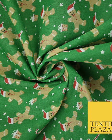3 COLOURS Festive Gingerbread Men Santa Hat Christmas Printed Polycotton Fabric