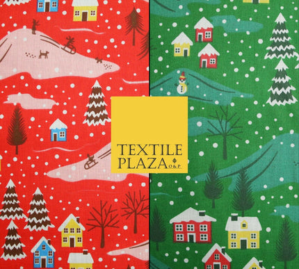 Festive Snowy Neighbourhood Scene Christmas Printed Polycotton Fabric 45" Wide