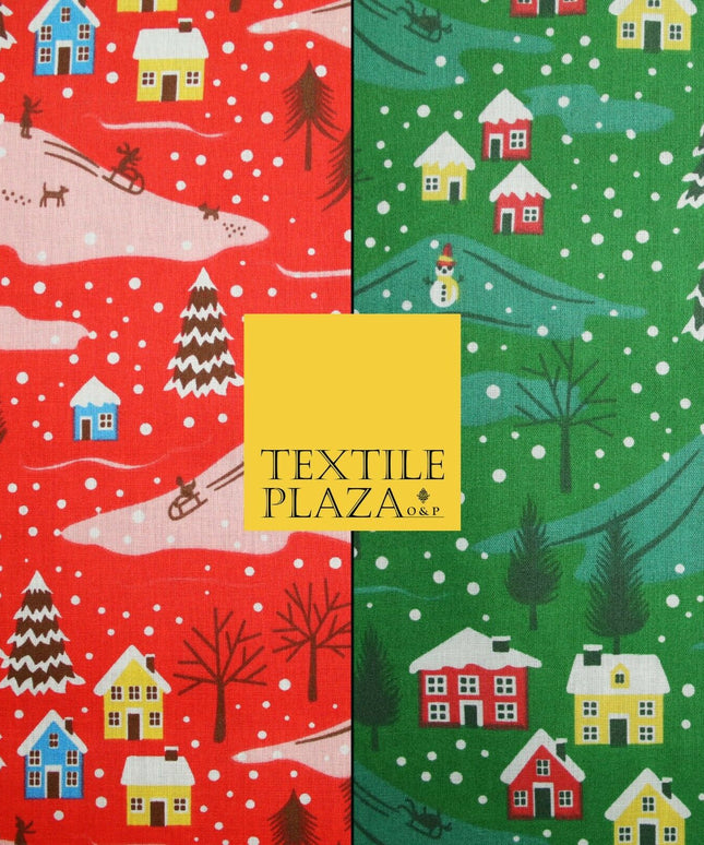 Festive Snowy Neighbourhood Scene Christmas Printed Polycotton Fabric 45" Wide