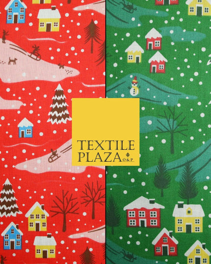 Festive Snowy Neighbourhood Scene Christmas Printed Polycotton Fabric 45" Wide