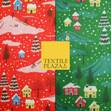 Festive Snowy Neighbourhood Scene Christmas Printed Polycotton Fabric 45" Wide