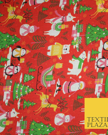 3 COLOURS Festive Santa Penguin Llama Snowman Christmas Print Polycotton Fabric