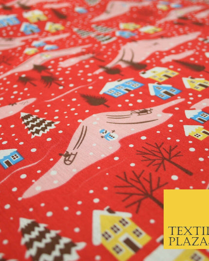 Festive Snowy Neighbourhood Scene Christmas Printed Polycotton Fabric 45" Wide