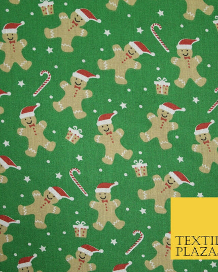 3 COLOURS Festive Gingerbread Men Santa Hat Christmas Printed Polycotton Fabric