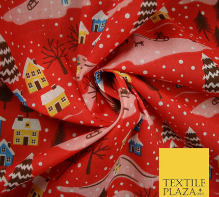 Festive Snowy Neighbourhood Scene Christmas Printed Polycotton Fabric 45" Wide