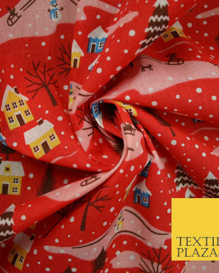 Festive Snowy Neighbourhood Scene Christmas Printed Polycotton Fabric 45" Wide