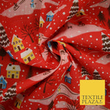 Festive Snowy Neighbourhood Scene Christmas Printed Polycotton Fabric 45" Wide