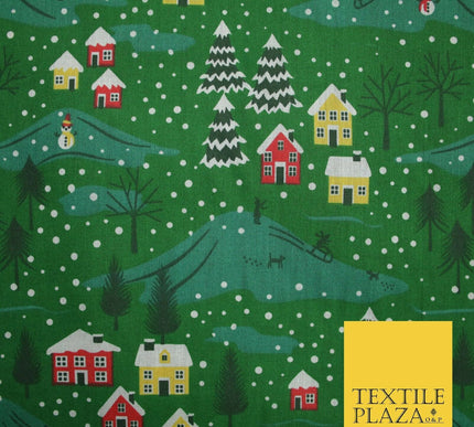 Festive Snowy Neighbourhood Scene Christmas Printed Polycotton Fabric 45" Wide