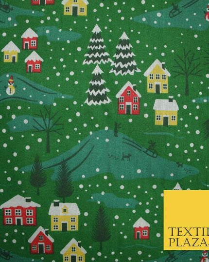 Festive Snowy Neighbourhood Scene Christmas Printed Polycotton Fabric 45" Wide