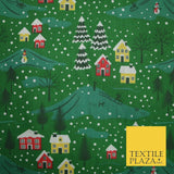 Festive Snowy Neighbourhood Scene Christmas Printed Polycotton Fabric 45" Wide