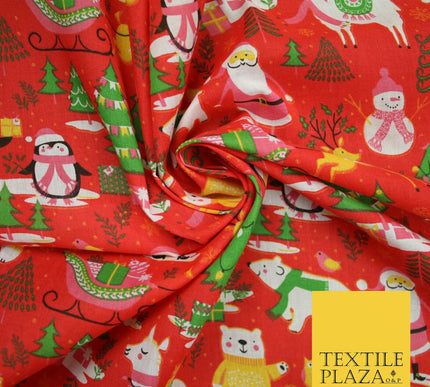 3 COLOURS Festive Santa Penguin Llama Snowman Christmas Print Polycotton Fabric