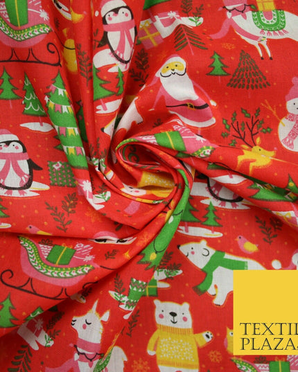 3 COLOURS Festive Santa Penguin Llama Snowman Christmas Print Polycotton Fabric