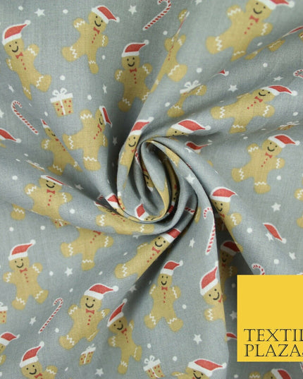 3 COLOURS Festive Gingerbread Men Santa Hat Christmas Printed Polycotton Fabric