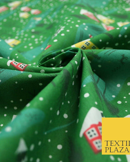 Festive Snowy Neighbourhood Scene Christmas Printed Polycotton Fabric 45" Wide